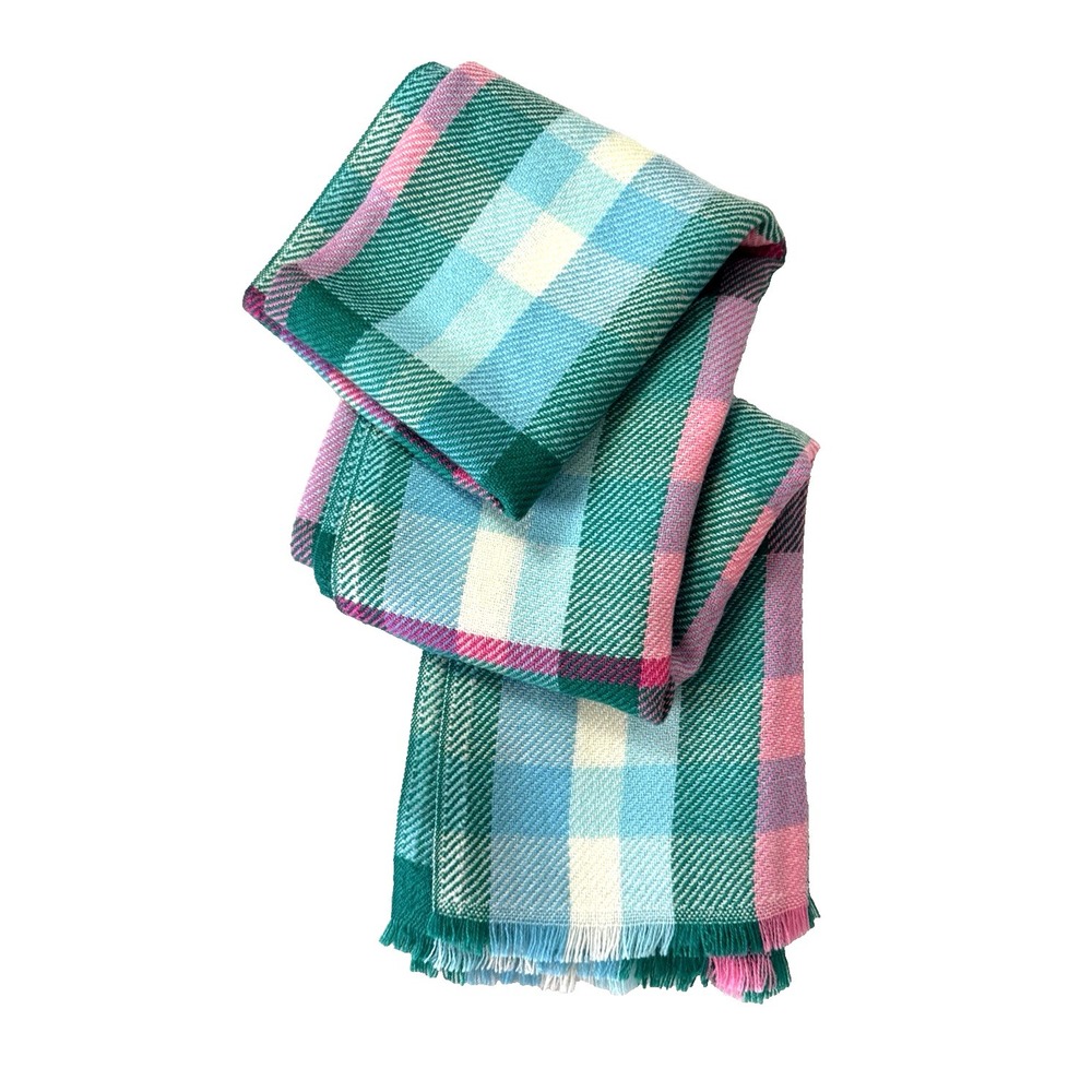 Talbots Plaid Wool Scarf Wrap Shawl Icicle Check Print Pink Blue Green Cozy Warm
